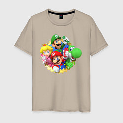 Футболка хлопковая мужская Марио, Луиджи, Пич и Йоши, цвет: миндальный