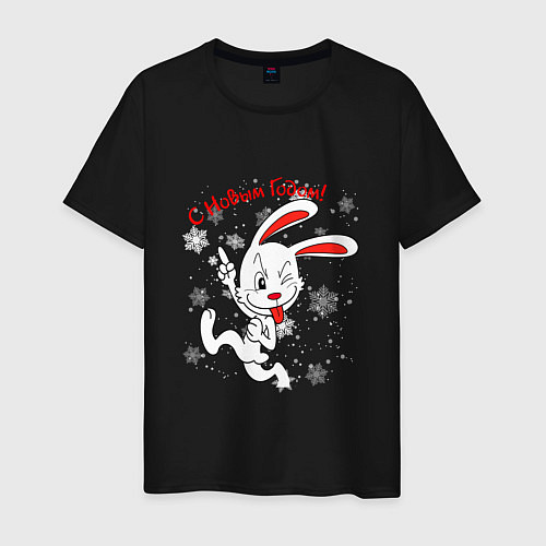 Мужская футболка Подмигивающий кролик в снежинках / Черный – фото 1