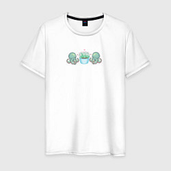 Футболка хлопковая мужская Осьминоги и цветок суккулент пиксели, цвет: белый