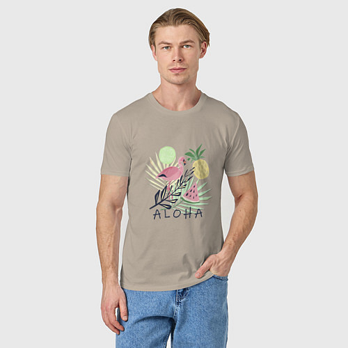 Мужская футболка Розовый фламинго в листьях с фруктами / Миндальный – фото 3