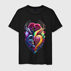 Футболка хлопковая мужская Сердце, череп и розы, цвет: черный