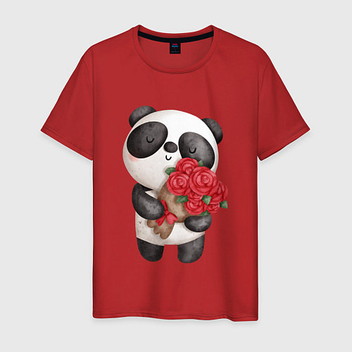 Мужская футболка Панда с букетом цветов / Красный – фото 1