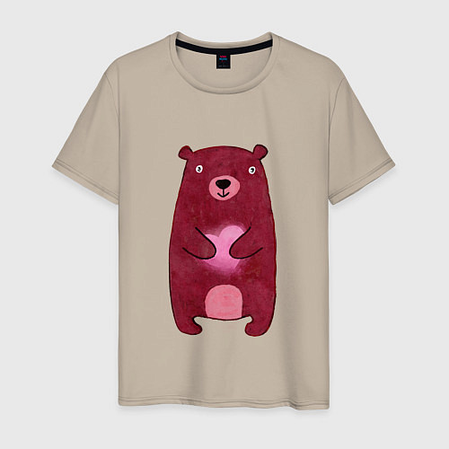 Мужская футболка Бурый медведь с сердцем в лапах, любовь / Миндальный – фото 1