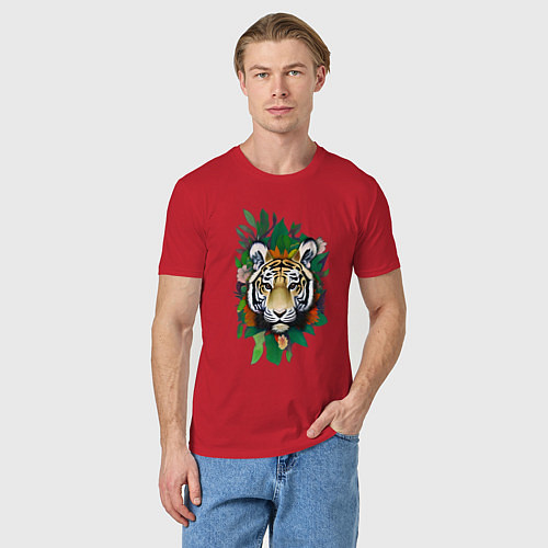 Мужская футболка Голова Тигра среди листьев и цветов, Тигр символ 2 / Красный – фото 3