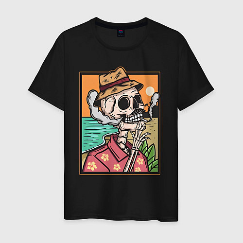 Мужская футболка Скелет в гавайской рубашке курит сигарету / Черный – фото 1