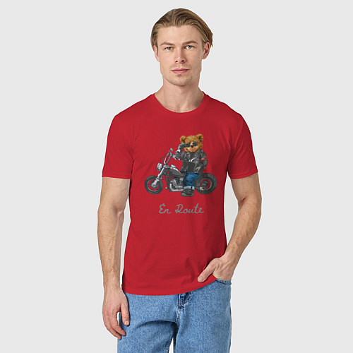 Мужская футболка Крутой мотоциклист медведь / Красный – фото 3