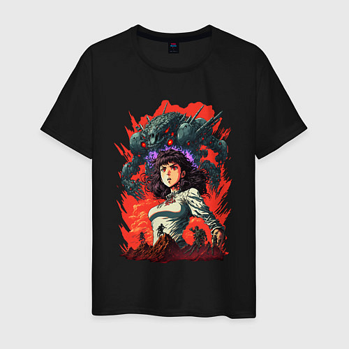 Мужская футболка Аниме девушка на фоне взрыва / Черный – фото 1