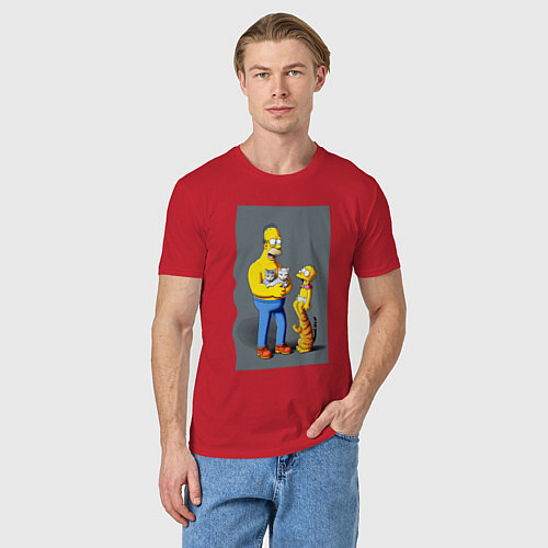 Мужская футболка Homer Simpson and cats - нейросеть арт / Красный – фото 3