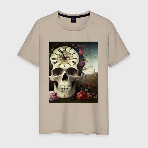 Мужская футболка Помни о смерти- череп, часы, цветы / Миндальный – фото 1