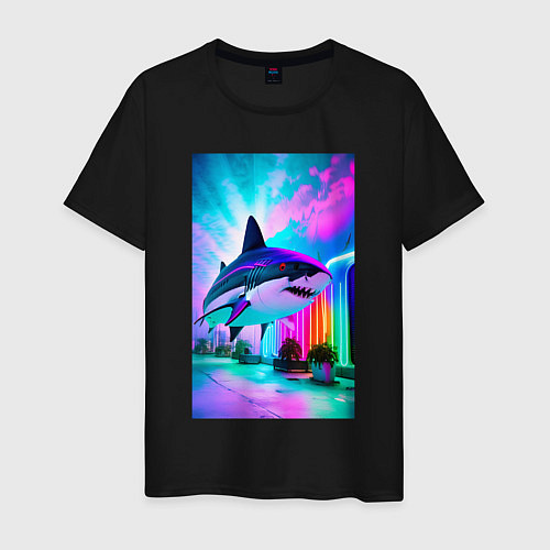 Мужская футболка Неоновая акула - нейросеть / Черный – фото 1
