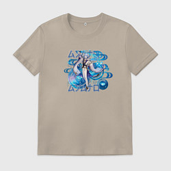 Футболка хлопковая мужская Камисато Аято гидро надписи, цвет: миндальный