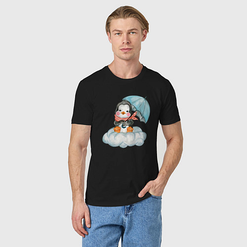 Мужская футболка Пингвин на облаке с зонтом / Черный – фото 3