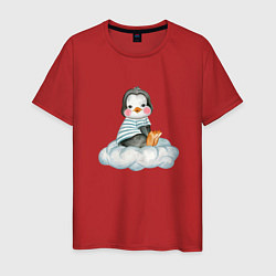 Футболка хлопковая мужская Пингвин на облаке, цвет: красный