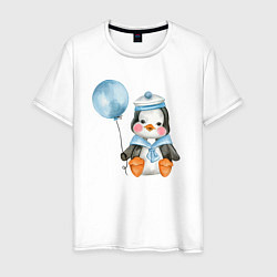 Футболка хлопковая мужская Пингвин с синим шариком, цвет: белый