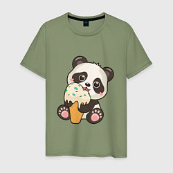 Футболка хлопковая мужская Милый панда кушает мороженое, цвет: авокадо