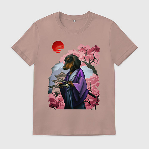 Мужская футболка Такса-Самурай весенняя на фоне сакуры / Пыльно-розовый – фото 1