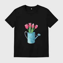 Футболка хлопковая мужская Букет тюльпанов в лейке, цвет: черный