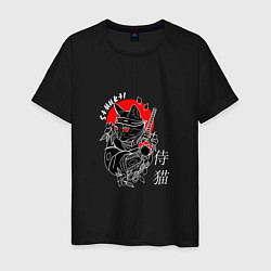 Футболка хлопковая мужская Samurai cat inscription, цвет: черный