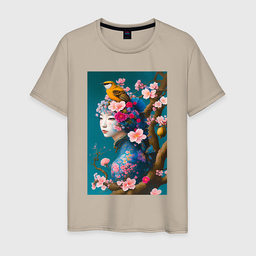 Мужская футболка Девушка с птицей на фоне цветущей сакуры / Миндальный – фото 1