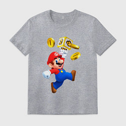 Футболка хлопковая мужская Марио сбивает монетки, цвет: меланж