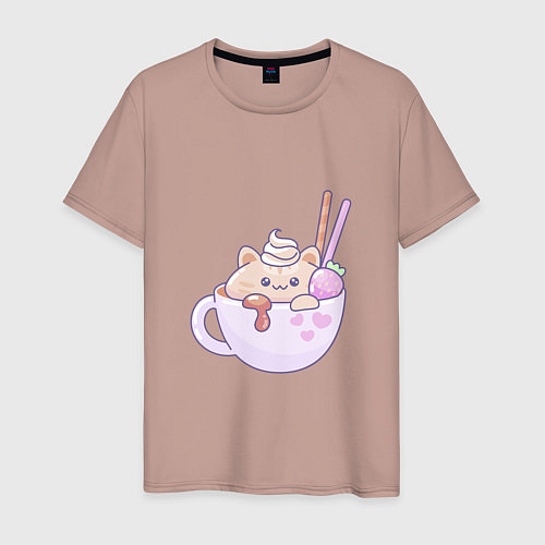 Мужская футболка Kawaii с милым котенком в кружке / Пыльно-розовый – фото 1