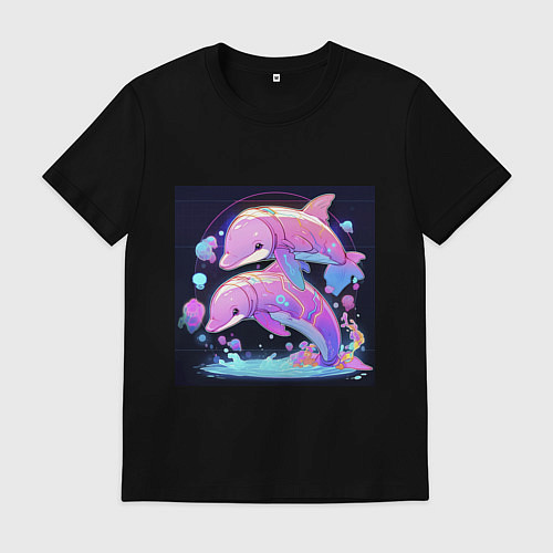 Мужская футболка Розовые аниме кибер-дельфины / Черный – фото 1