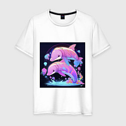 Футболка хлопковая мужская Розовые аниме кибер-дельфины, цвет: белый