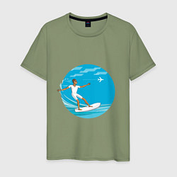 Футболка хлопковая мужская Серфинг на море, цвет: авокадо