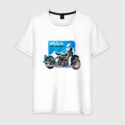Футболка хлопковая мужская Ретро мотоцикл акварелью, цвет: белый