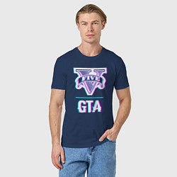 Футболка хлопковая мужская GTA в стиле glitch и баги графики, цвет: тёмно-синий — фото 2
