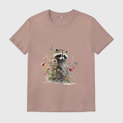 Футболка хлопковая мужская Акварельный милый енот, цвет: пыльно-розовый