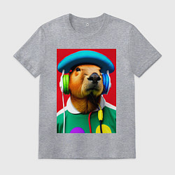 Футболка хлопковая мужская Капибара в наушниках и шляпе - нейросеть, цвет: меланж