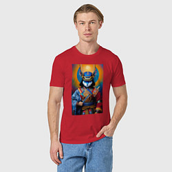 Футболка хлопковая мужская Кот-самурай - нейросеть, цвет: красный — фото 2