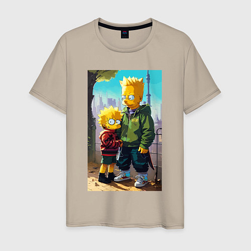 Мужская футболка Барт Симпсон с Мэгги в мегаполисе / Миндальный – фото 1