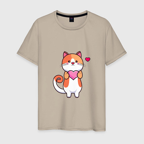 Мужская футболка Милый кот с сердцем / Миндальный – фото 1