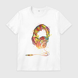 Футболка хлопковая мужская Наушники проводные, цвет: белый