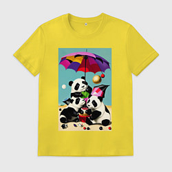 Футболка хлопковая мужская Три панды под цветным зонтиком, цвет: желтый