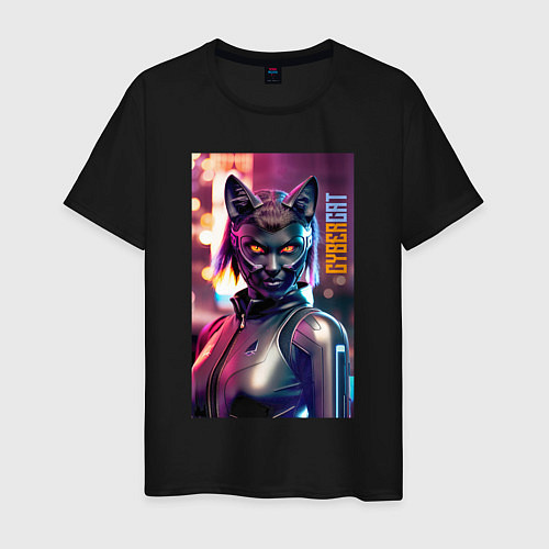 Мужская футболка Взгляд чёрной кошки - киберпанк - нейросеть / Черный – фото 1