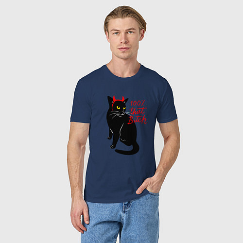 Мужская футболка Котик с рожками и надписью / Тёмно-синий – фото 3