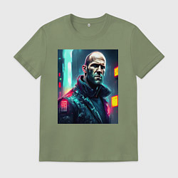 Футболка хлопковая мужская Джейсон Стэтхэм киберпанк - нейросеть, цвет: авокадо