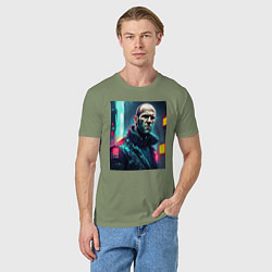 Футболка хлопковая мужская Джейсон Стэтхэм киберпанк - нейросеть, цвет: авокадо — фото 2