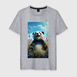 Футболка хлопковая мужская Довольная панда на природе, цвет: меланж