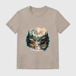 Футболка хлопковая мужская Японские дома на фоне гор в стиле моротай, цвет: миндальный