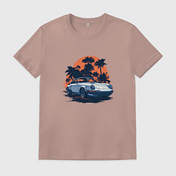 Футболка хлопковая мужская Порше, пальмы и закат, цвет: пыльно-розовый
