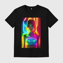 Футболка хлопковая мужская Japanese girl - neon glow - neural network, цвет: черный