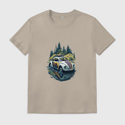 Футболка хлопковая мужская Ретро Фольксваген Жук, цвет: миндальный