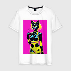 Футболка хлопковая мужская Black cat - fashionista - pop art - neural network, цвет: белый