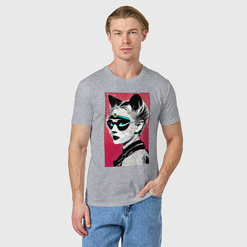 Мужская футболка Cat girl in a mask - neural network - pop art / Меланж – фото 3