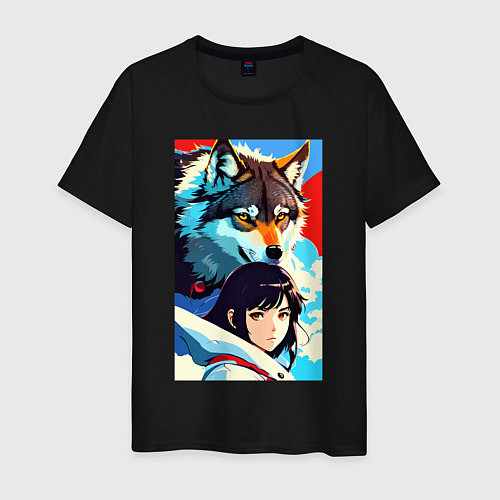 Мужская футболка Девочка и волк - аниме - нейросеть / Черный – фото 1