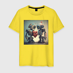 Футболка хлопковая мужская Два робота с сердцем, цвет: желтый